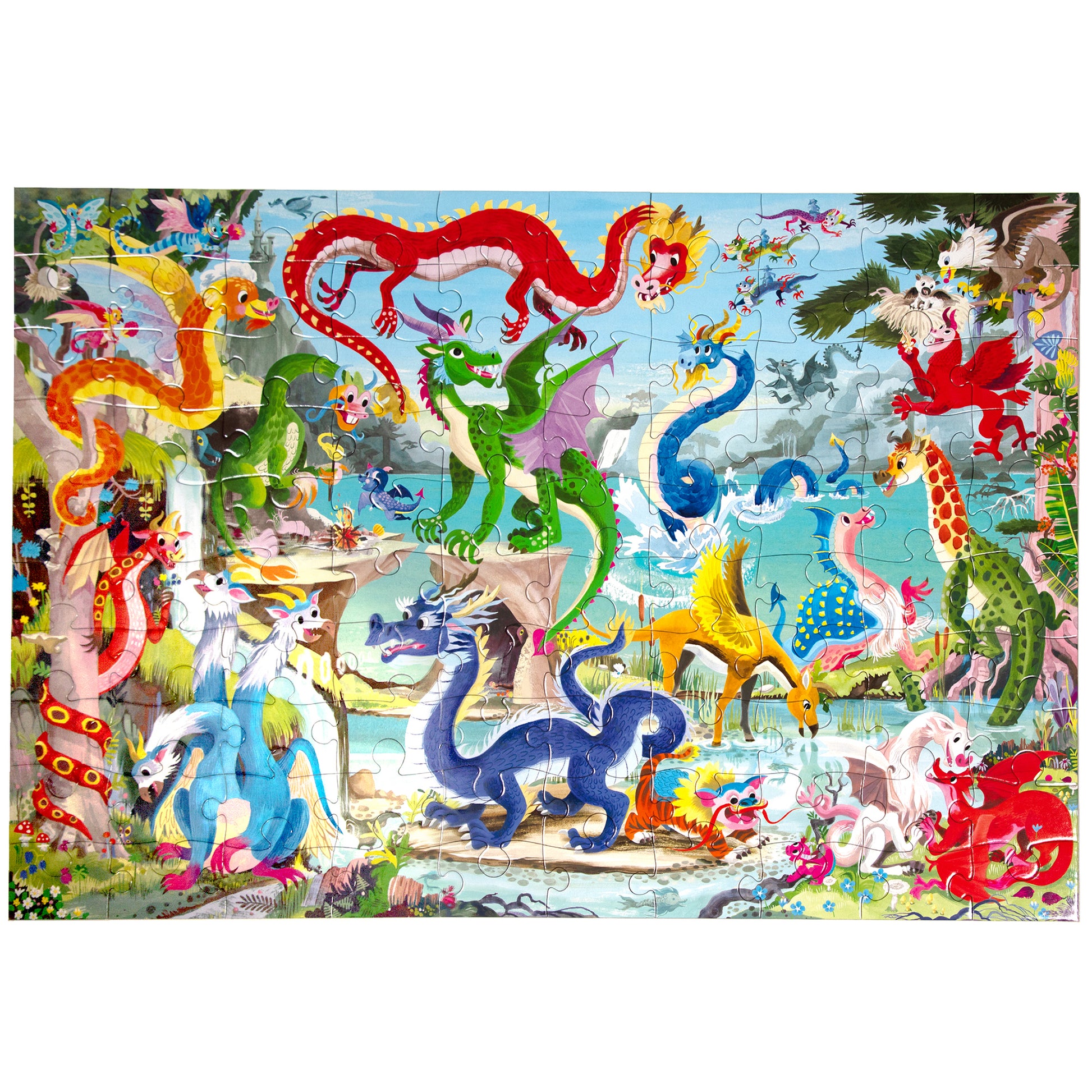Love of Dragons 100 Piece Puzzle featuring colorful dragons and fantasy creatures in vibrant reds, greens, and blues