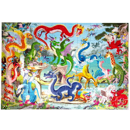 Love of Dragons 100 Piece Puzzle featuring colorful dragons and fantasy creatures in vibrant reds, greens, and blues