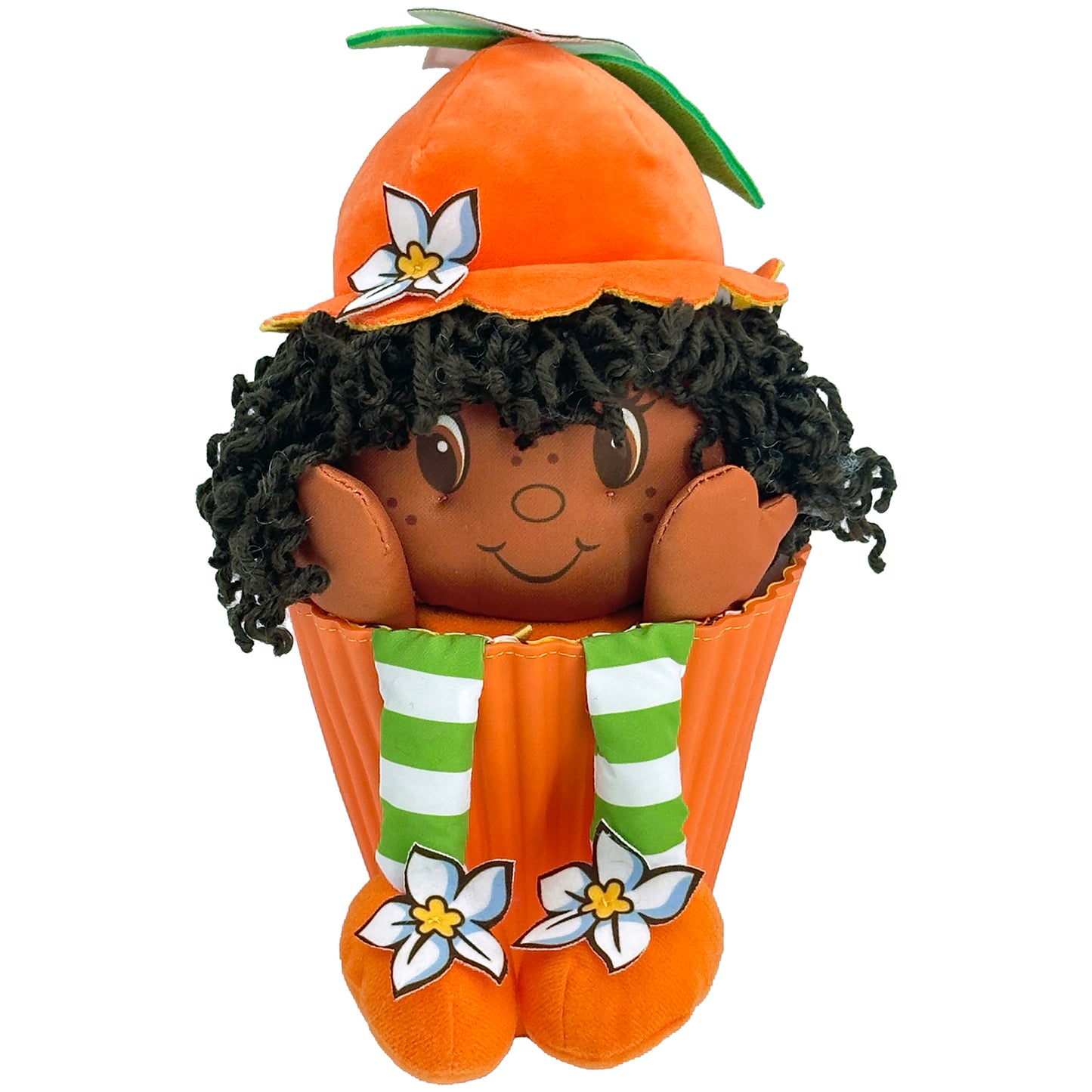 Orange Blossom 15" Pop 'n' Flip plush doll with orange hat, black curly hair, and striped socks