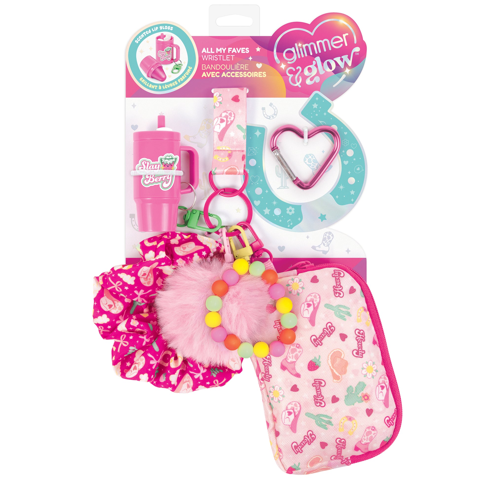 Glimmer & Glow All My Faves pink wristlet accessory set with scrunchie, bracelet, and pouch