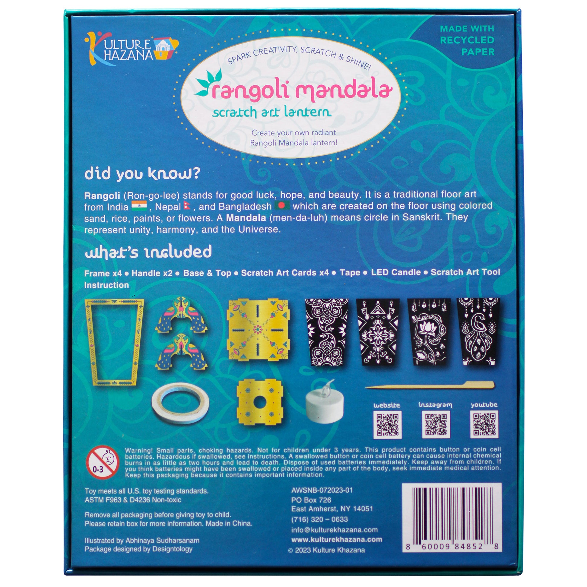 Rangoli Mandala Scratch Art Lantern craft kit with colorful scratch cards and LED candle