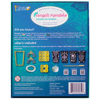 Rangoli Mandala Scratch Art Lantern craft kit with colorful scratch cards and LED candle