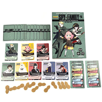 Spy x Family Mission for Peanuts card game showing game box, character cards, peanut tokens, and reference guides