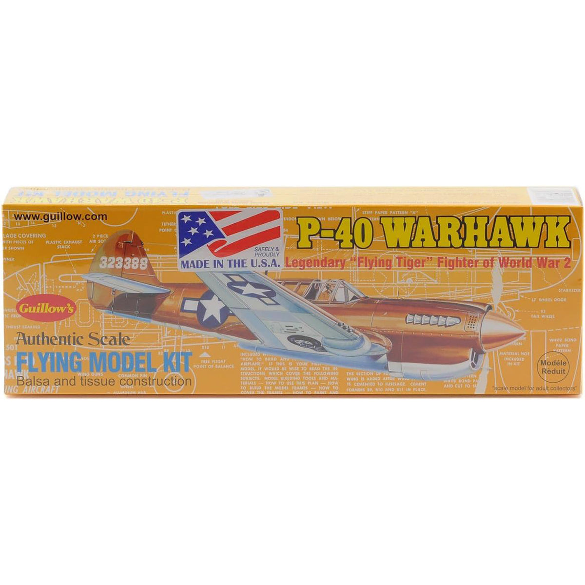 Guillow's P-40 Warhawk balsa wood flying model kit with authentic scale design and red fuselage