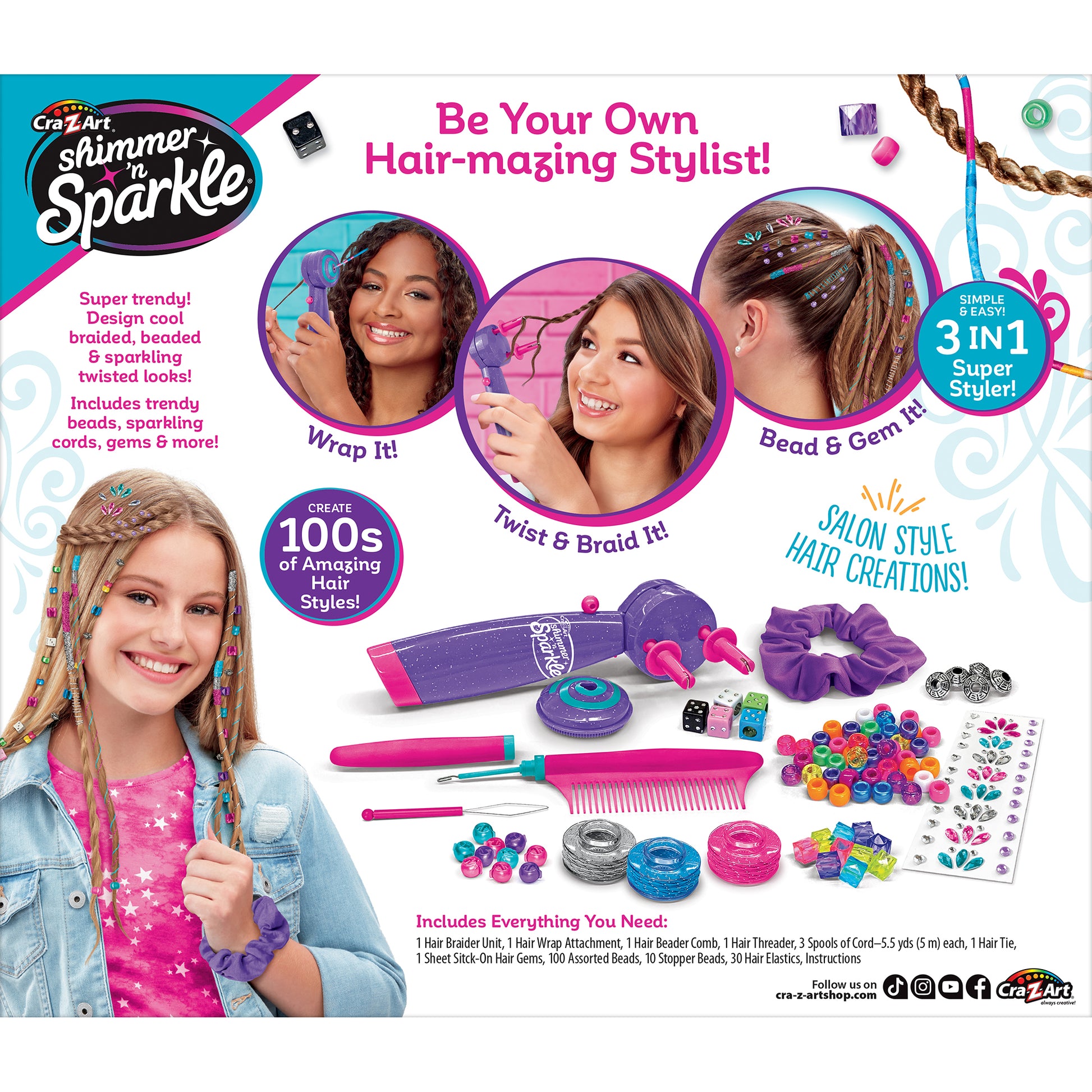 Cra-Z-Art Shimmer n Sparkle hair braiding kit with beads, wraps, and styling tools in purple and pink