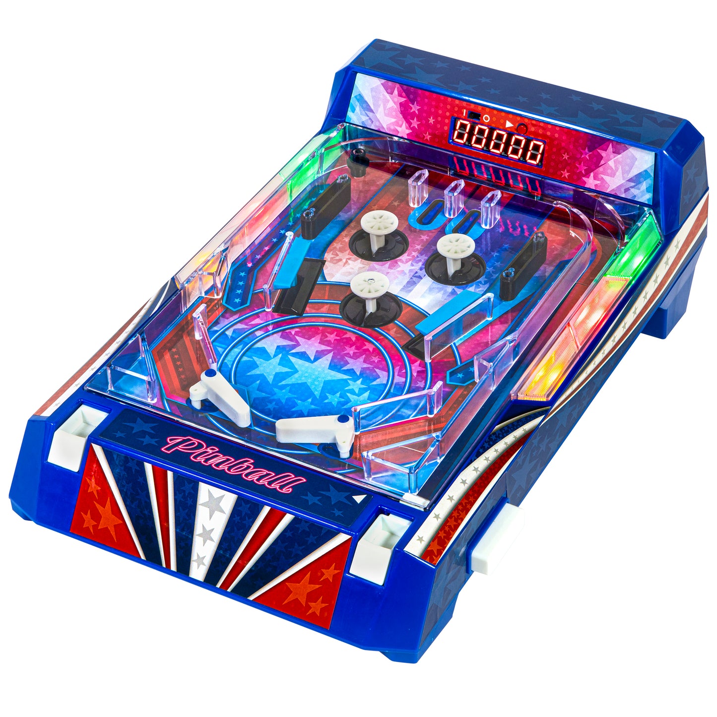 Retro Arcade Electronic Pinball machine with blue case, colorful LED display, and star design