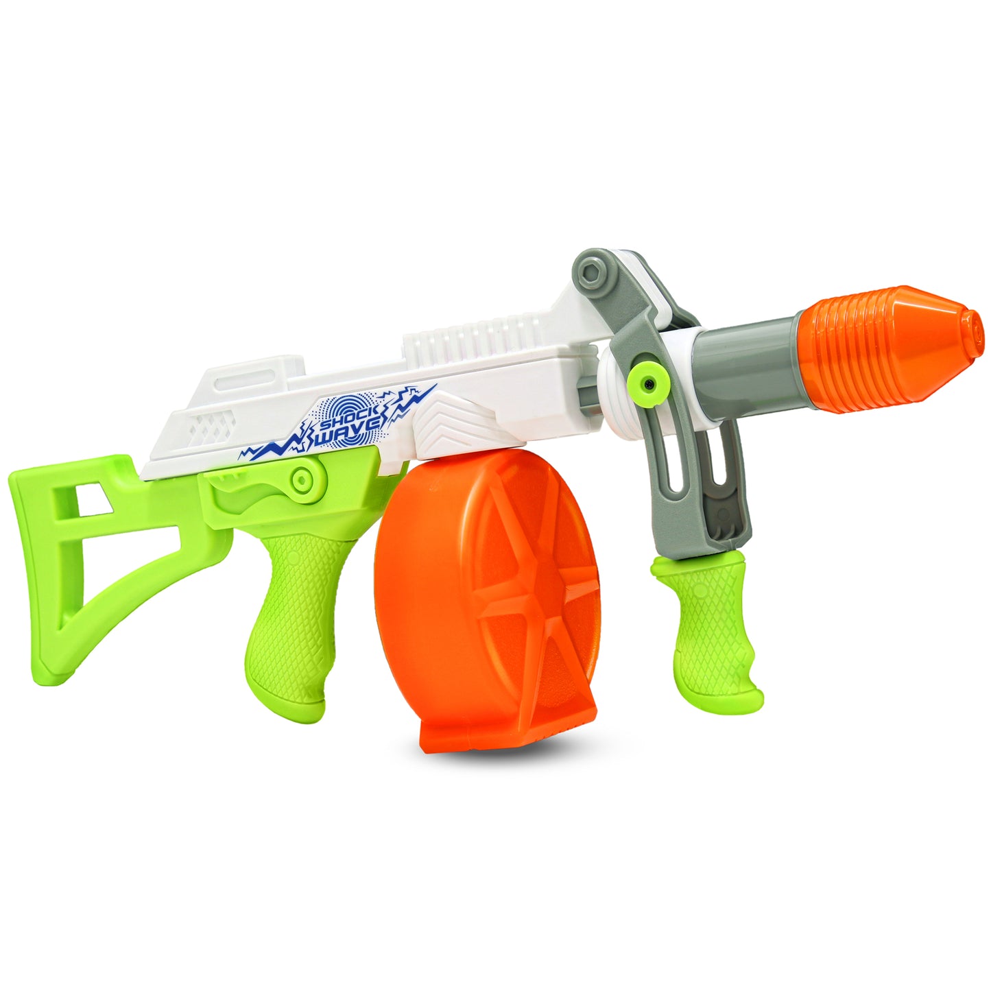 Water Blaster Shock Wave toy gun with neon green grip and orange water tank