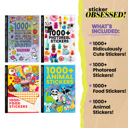 Four sticker book covers displayed: Series 1 with colorful doodles, Photoreal Stickers with animals and objects, Food Stickers with bright food illustrations, a