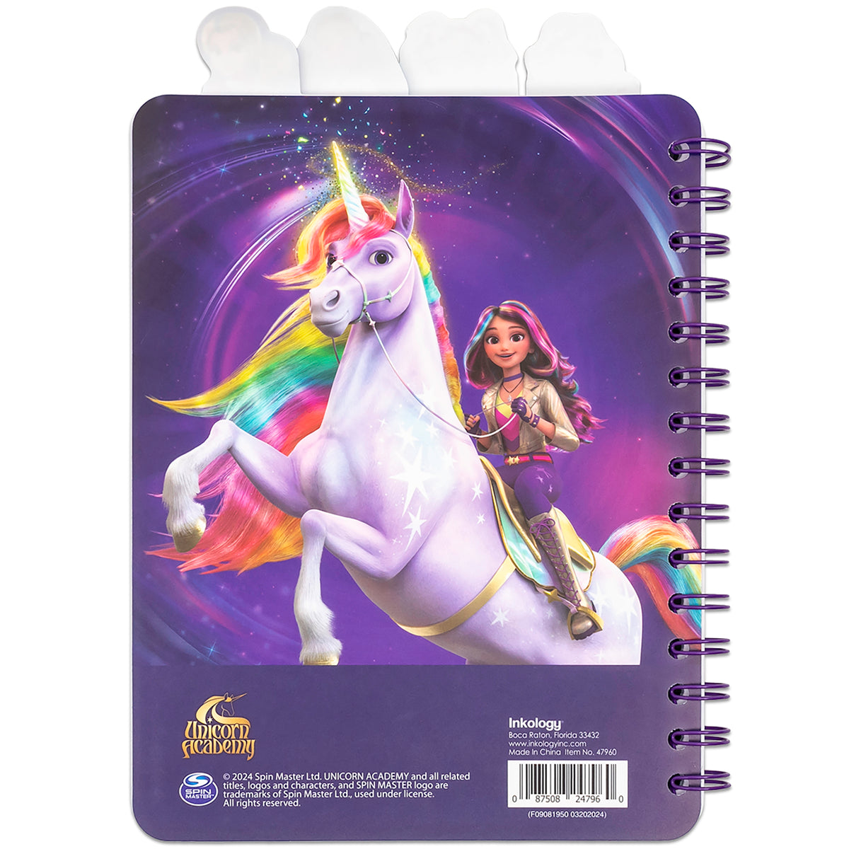 Unicorn Academy 4 Tab Journal with purple cover, rainbow mane unicorn and girl character