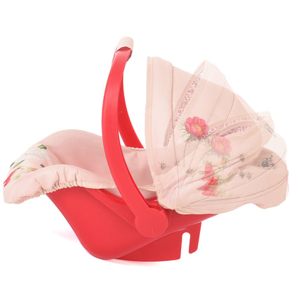 Roma RHS Flora Doll Car Seat with red base, pink floral hood and harness