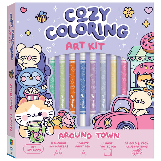 Cozy Coloring Art Kit - Around Town with 8 markers, paint pen, and 32 illustrations