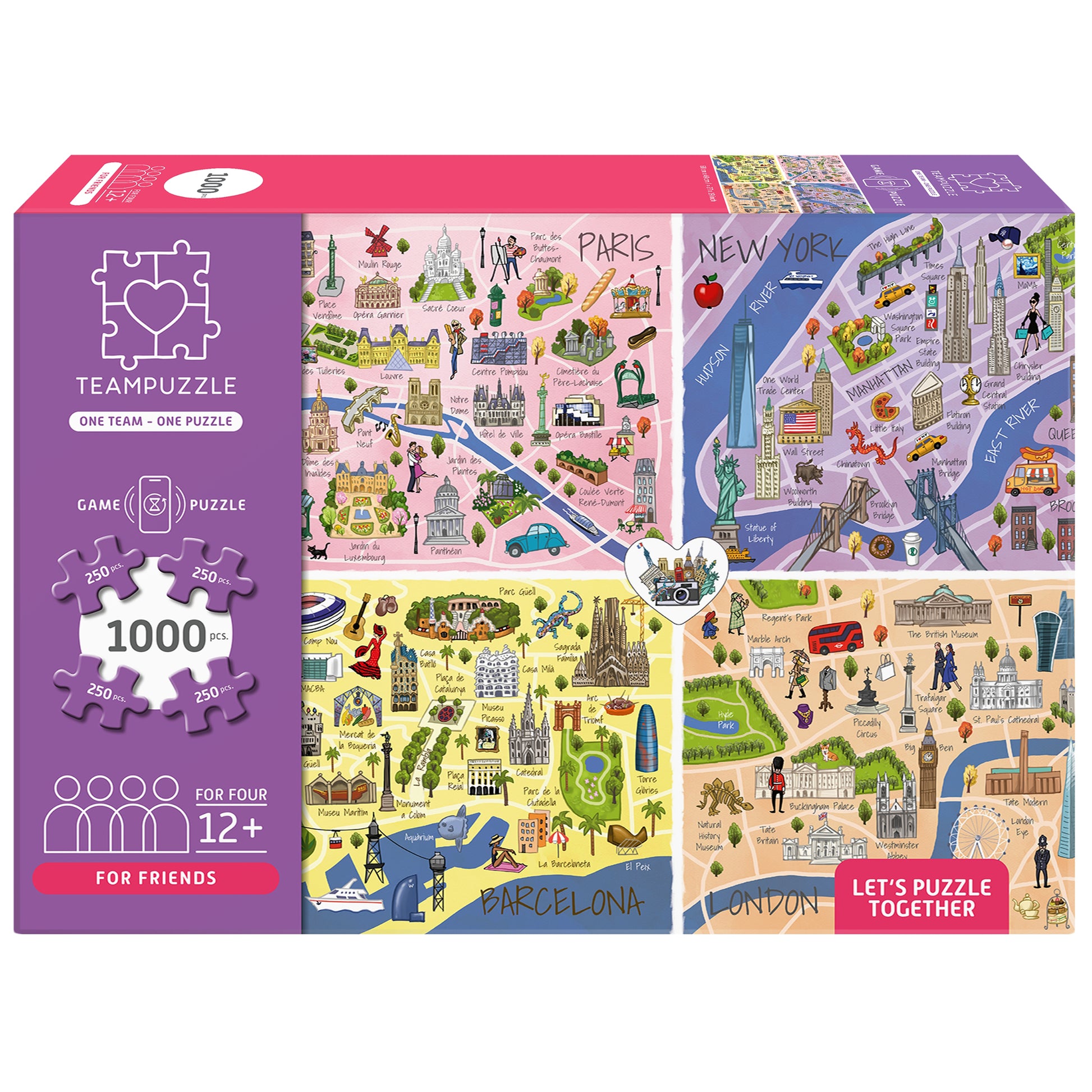 TEAMPUZZLE City Trip 1000pc puzzle with 4 sections featuring Paris, New York, Barcelona, and London illustrations