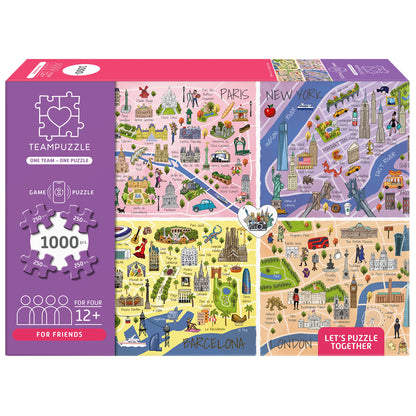 TEAMPUZZLE City Trip 1000pc puzzle with 4 sections featuring Paris, New York, Barcelona, and London illustrations