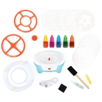 Make It Real Spin Art Studio with orange frames, colored inks, and craft supplies
