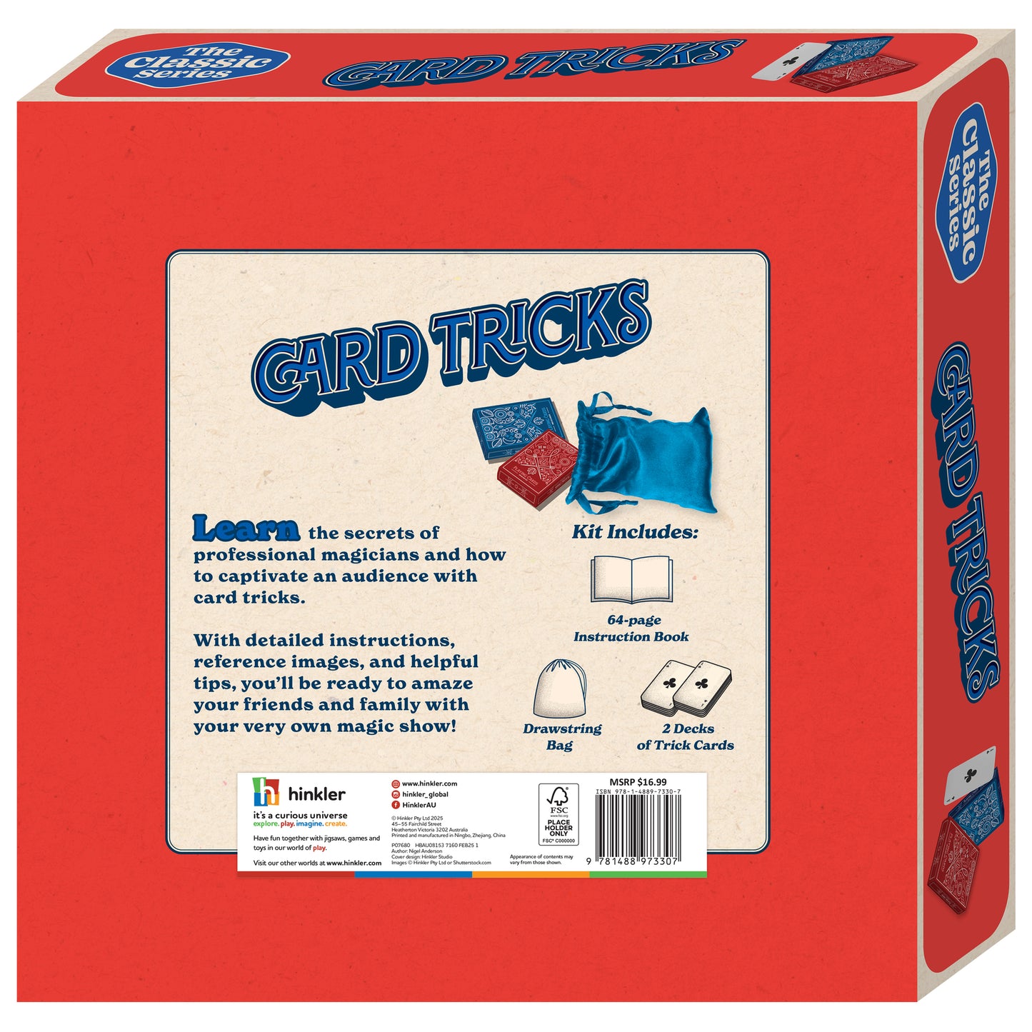 Hinkler Card Tricks Retro Box with instruction book, drawstring bag, and two decks of cards