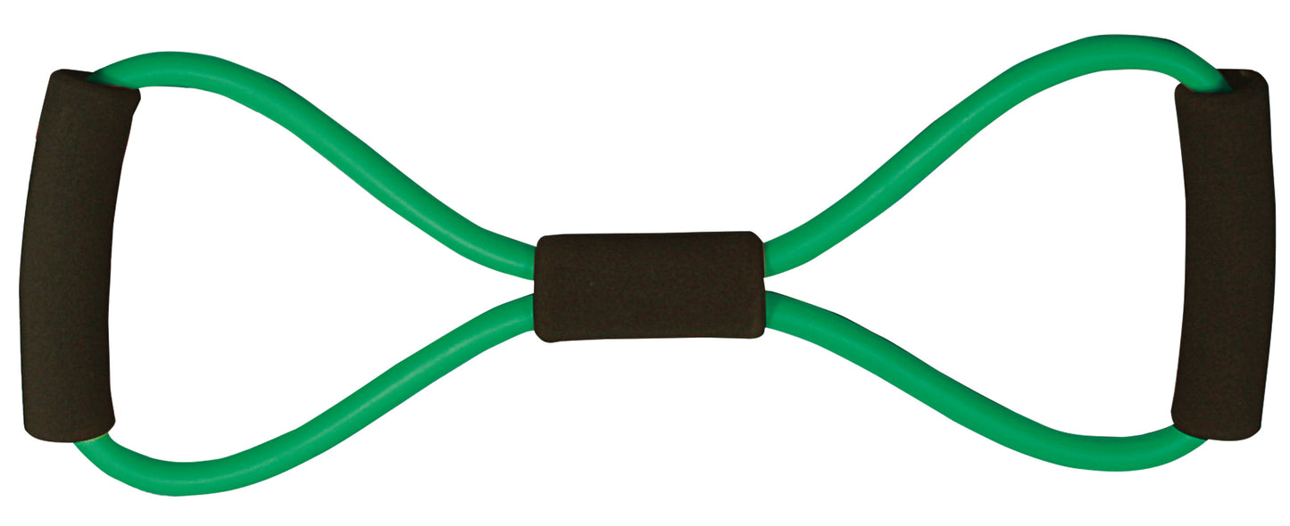 Green resistance tubing with black foam handles on each end and center grip