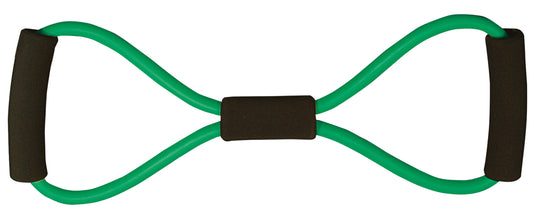 Green resistance tubing with black foam handles on each end and center grip