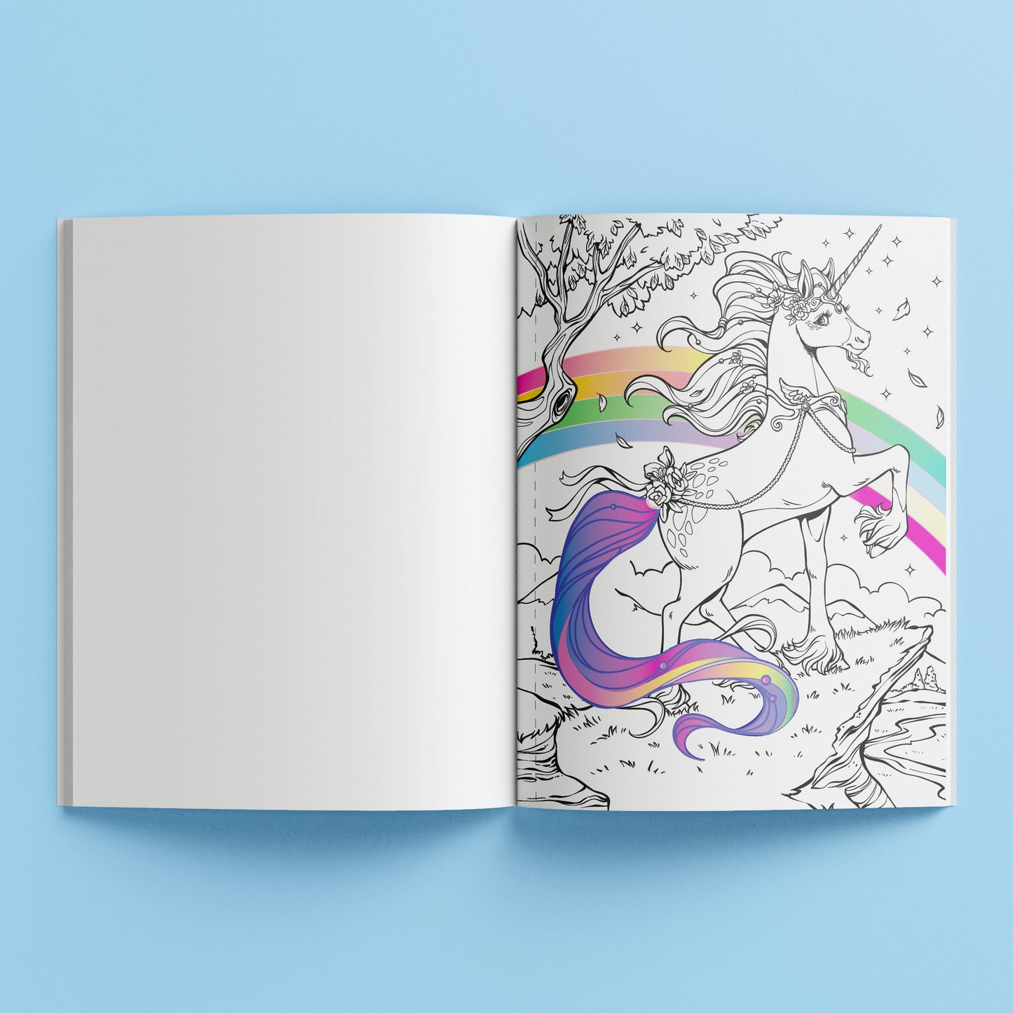 Kaleidoscope Pop Velvet Coloring book open showing magical unicorn illustration with rainbow mane