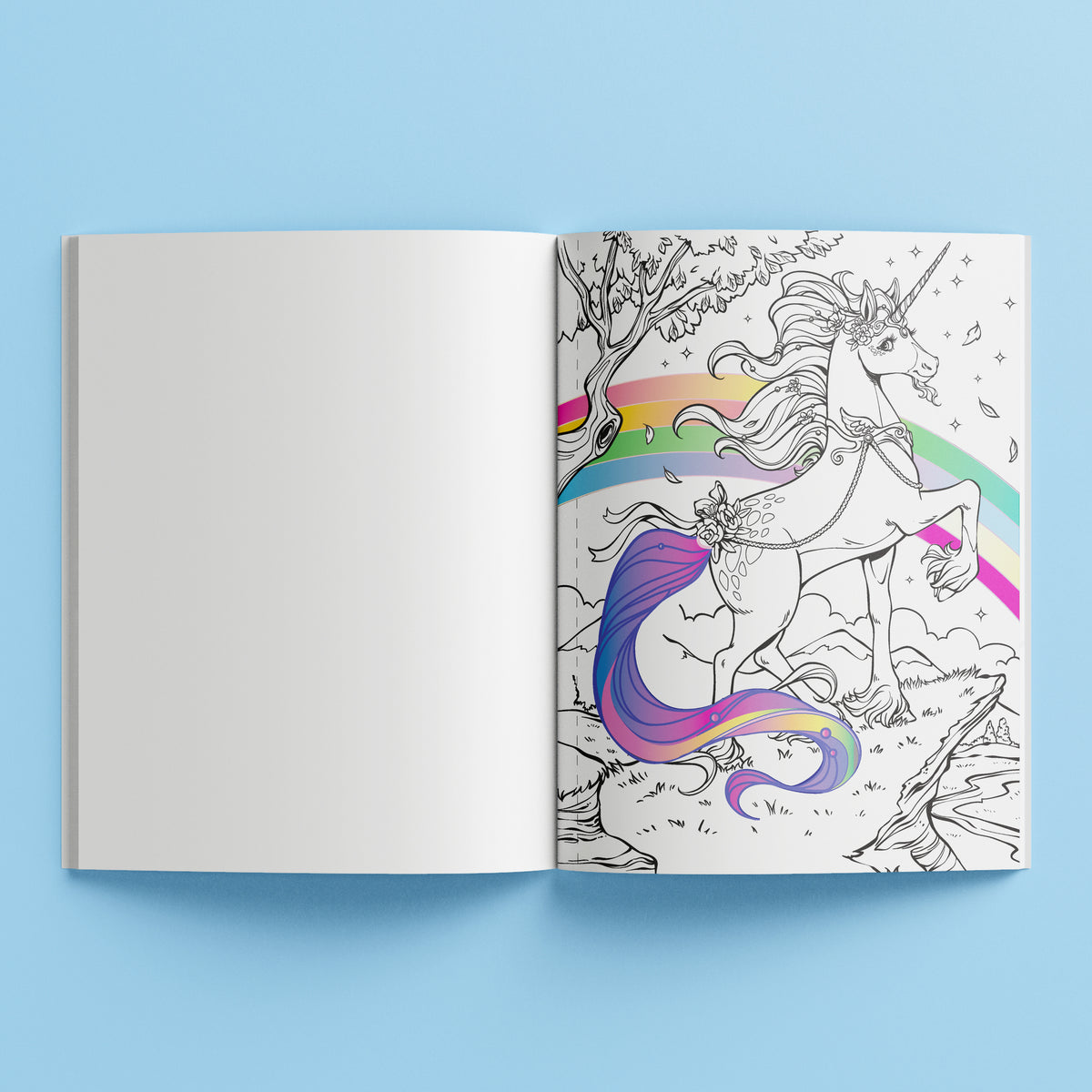 Kaleidoscope Pop Velvet Coloring book open showing magical unicorn illustration with rainbow mane