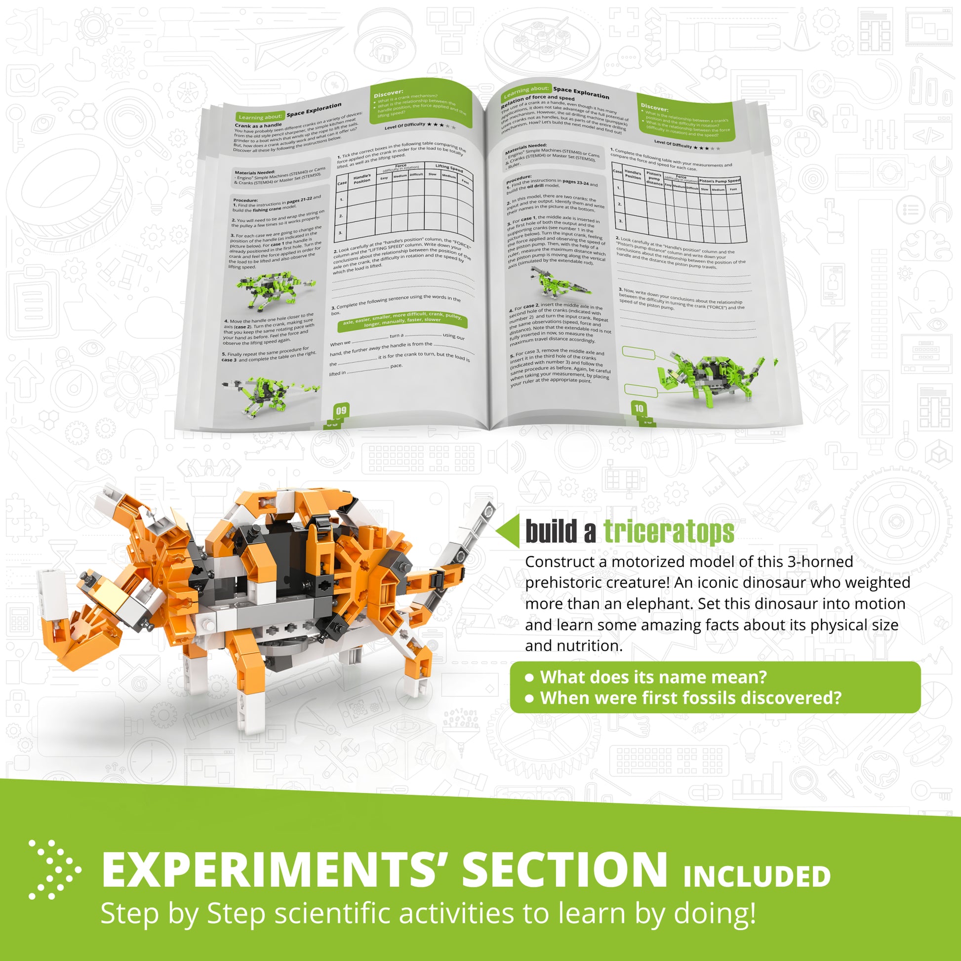 Engino Discovering STEM Paleontology motorized dinosaur building set with orange Triceratops model