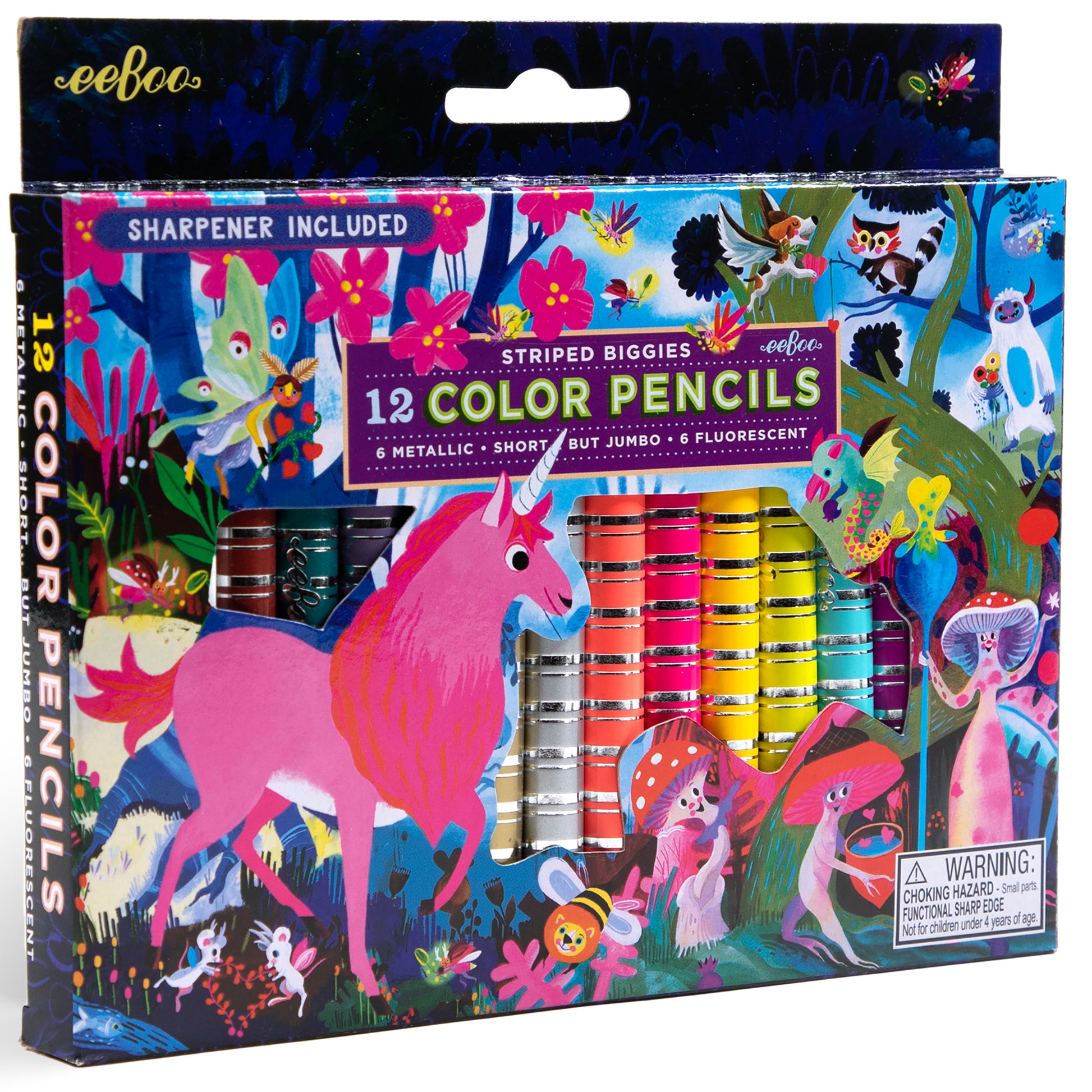 Striped Biggies 12 Color Pencils set with metallic and fluorescent shades, sharpener included