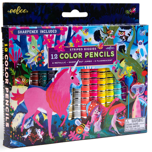 Striped Biggies 12 Color Pencils set with metallic and fluorescent shades, sharpener included