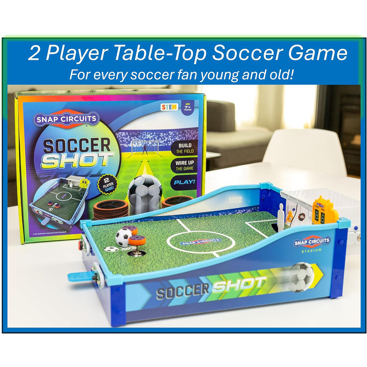 Snap Circuits Soccer Shot 2-player tabletop game with blue field, soccer ball, and electronic components