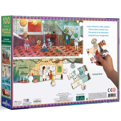 100 Piece Puzzle Explorers School of Magic with colorful illustrated scenes of children learning and exploring