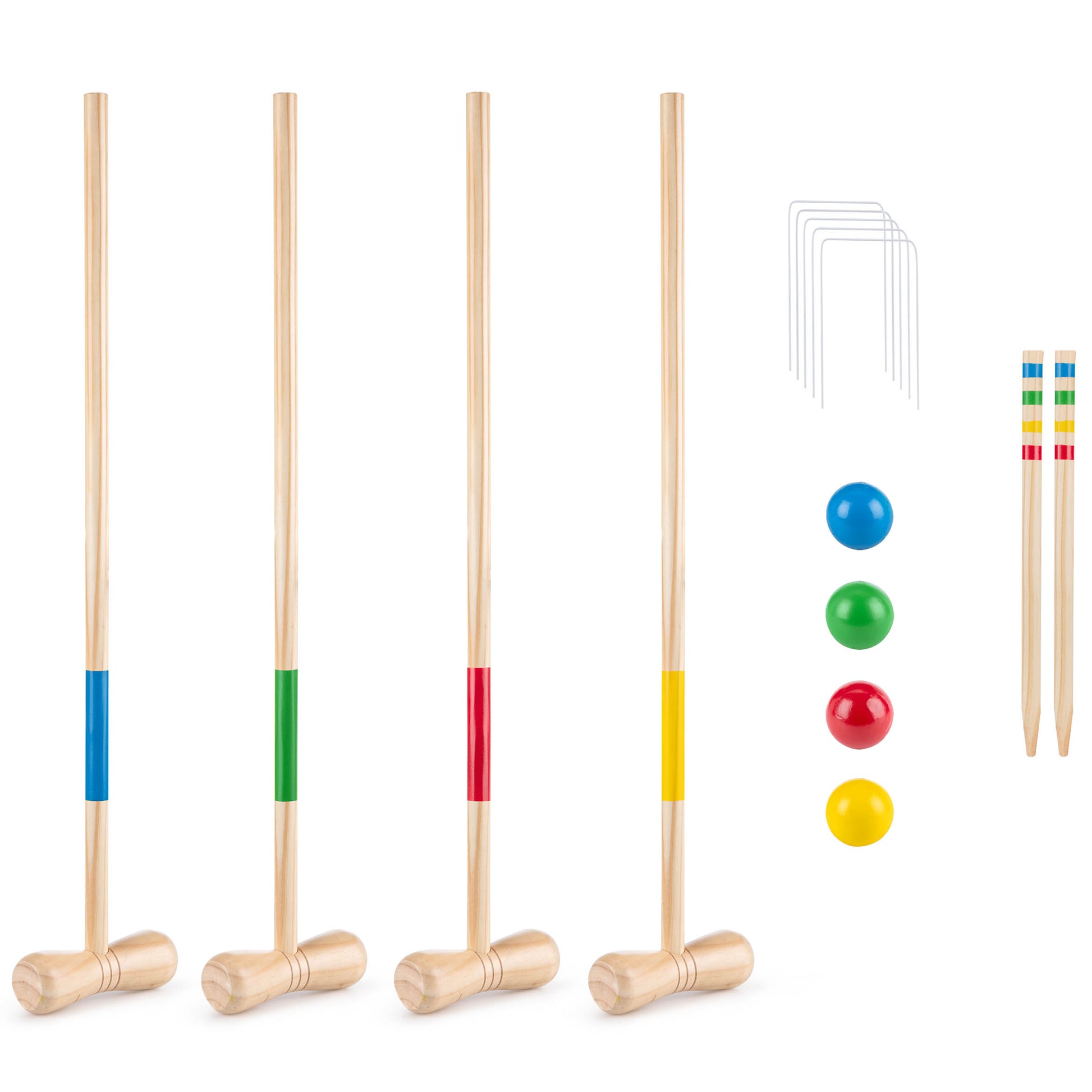 Grasshopper Games croquet set with four wooden mallets in blue, green, red, and yellow, wooden balls in matching colors, wire wickets, and two striped mallets o