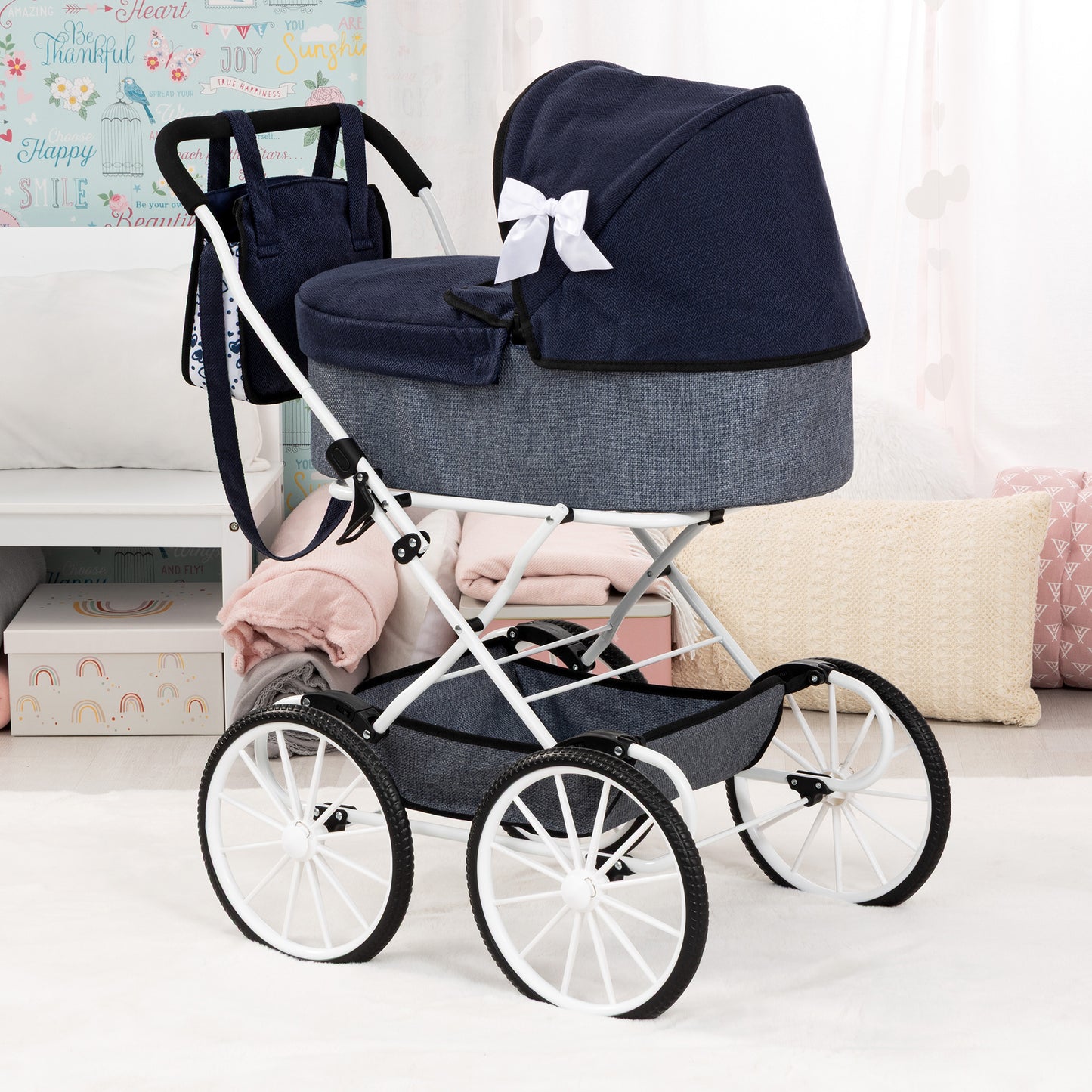 Bayer Design Dolls Pram Classic in navy blue and grey with white frame and wheels