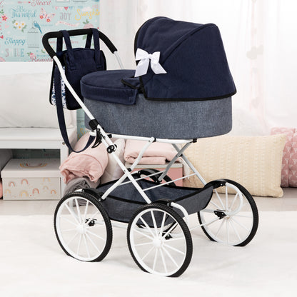 Bayer Design Dolls Pram Classic in navy blue and grey with white frame and wheels