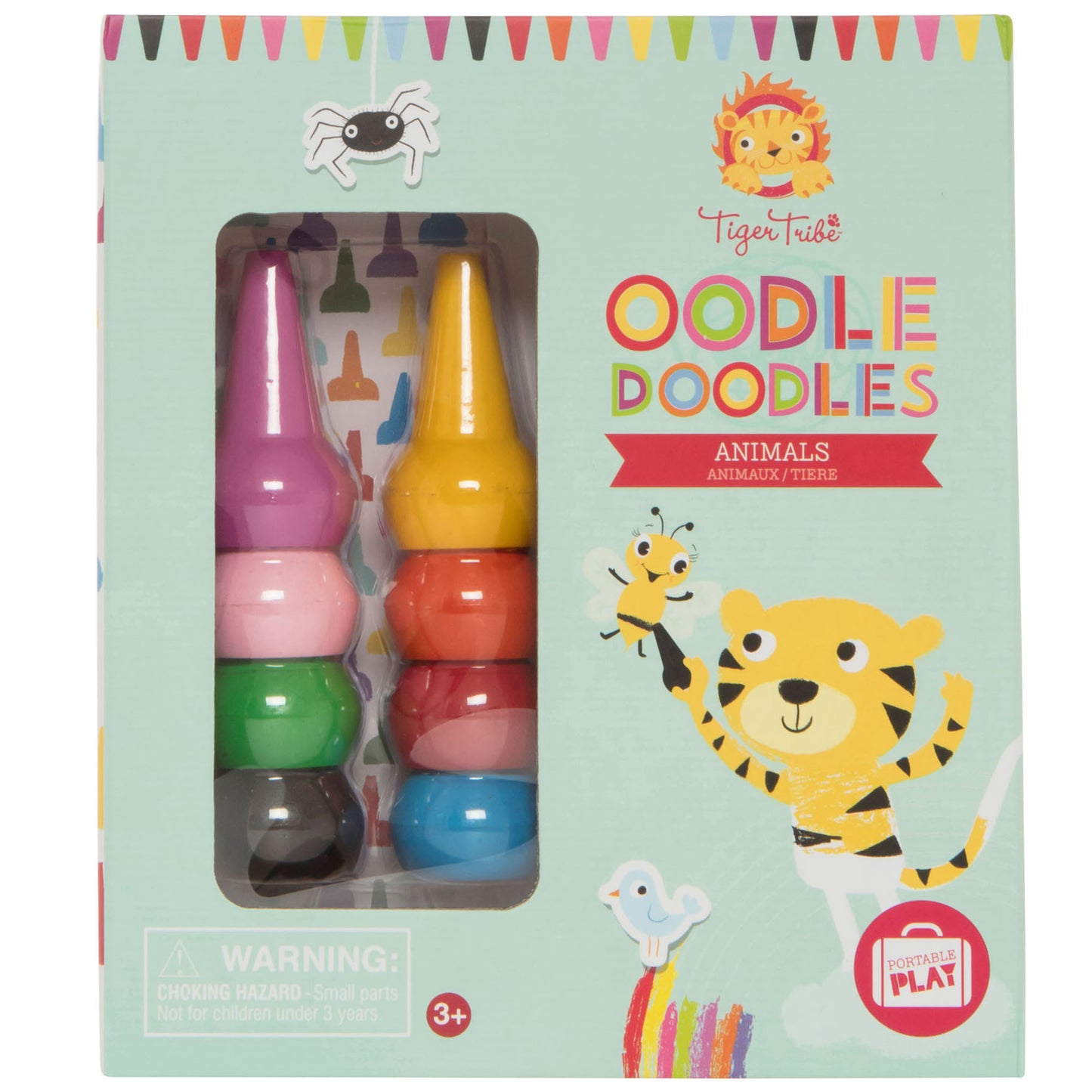 Tiger Tribe Oodle Doodles Animals set with two stacking crayon holders in pink and yellow, containing multicolored markers, shown against mint background with i