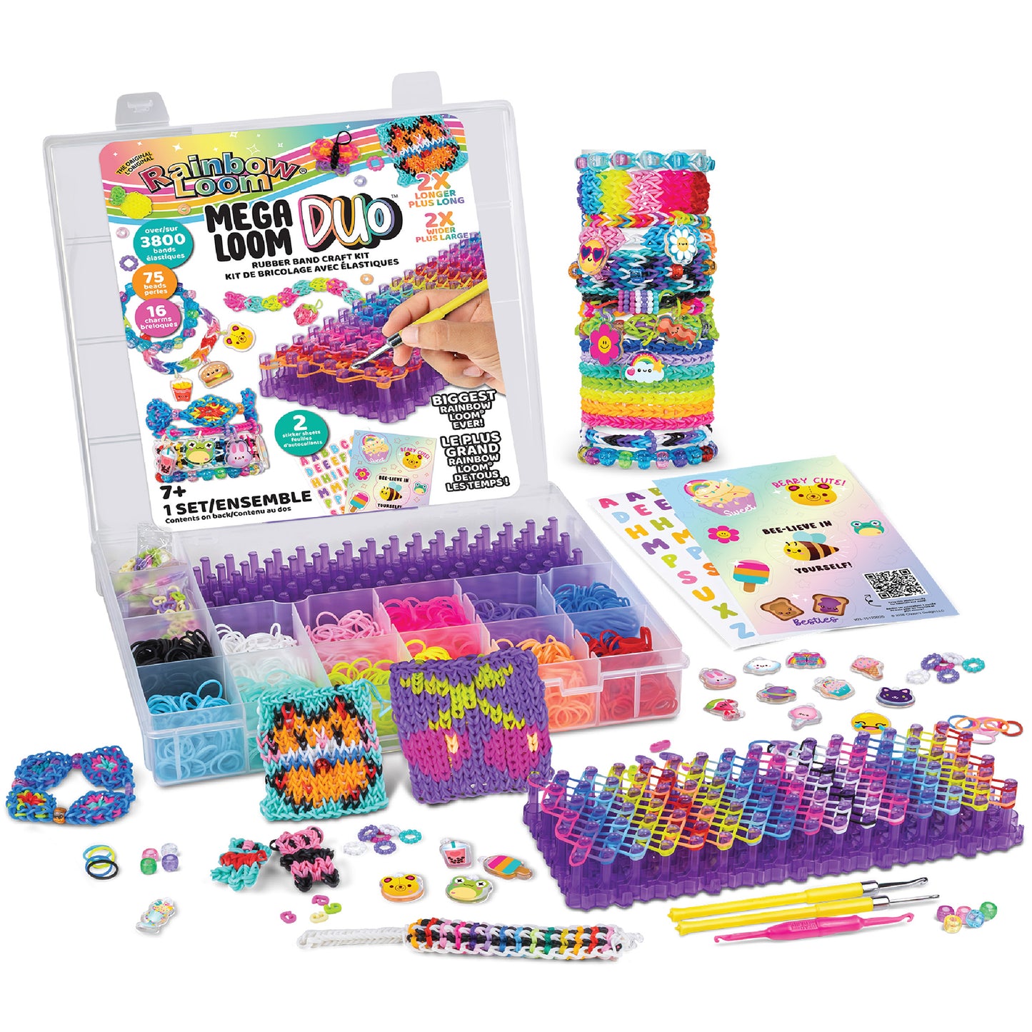Rainbow Loom Mega Loom Duo bracelet making kit with two purple looms, colorful rubber bands, and accessories