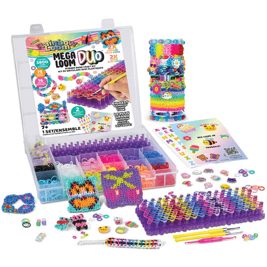 Rainbow Loom Mega Loom Duo bracelet making kit with two purple looms, colorful rubber bands, and accessories