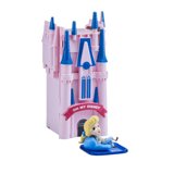 Pink and blue castle playset with turrets and a small blue car accessory in front