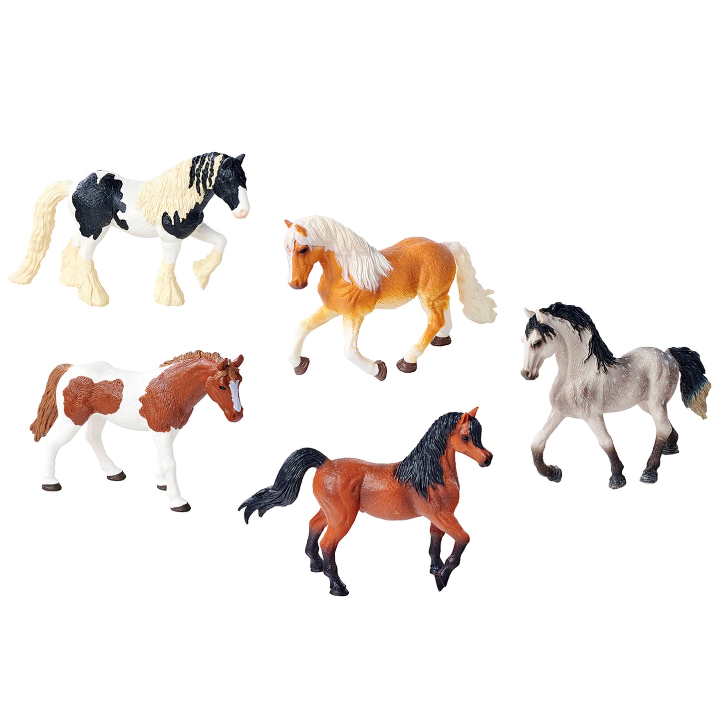 Five colorful horse figurines in various poses on plain background: black and white, orange and white, brown and white, chestnut with black mane, and gray with