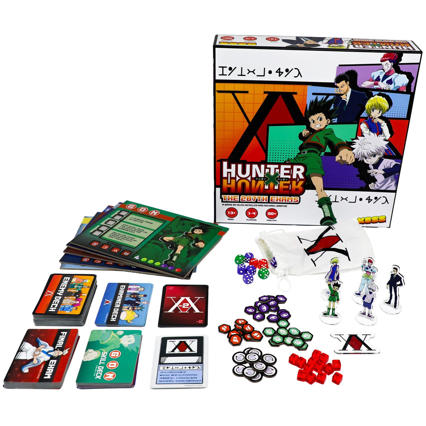 Hunter x Hunter 287th Hunter Exams board game with cards, dice, tokens, and character standees displayed