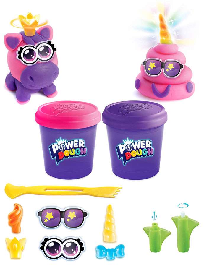Power Dough Unicorns Magic playset with two plush unicorn toys wearing crowns and sunglasses, two purple dough containers with pink lids, yellow tool, colorful