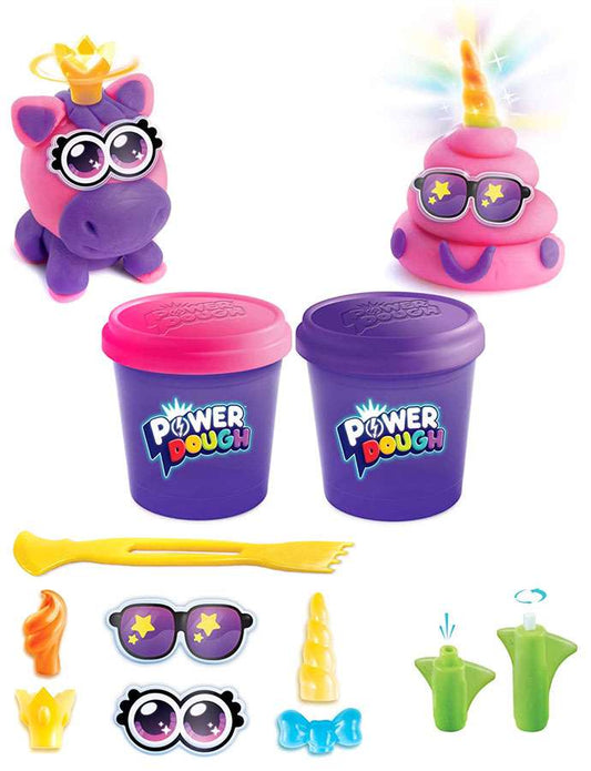 Power Dough Unicorns Magic playset with two plush unicorn toys wearing crowns and sunglasses, two purple dough containers with pink lids, yellow tool, colorful