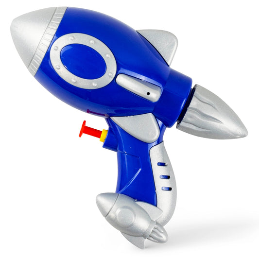 Blue and silver space-themed water blaster toy with silver fins and red trigger on plain background