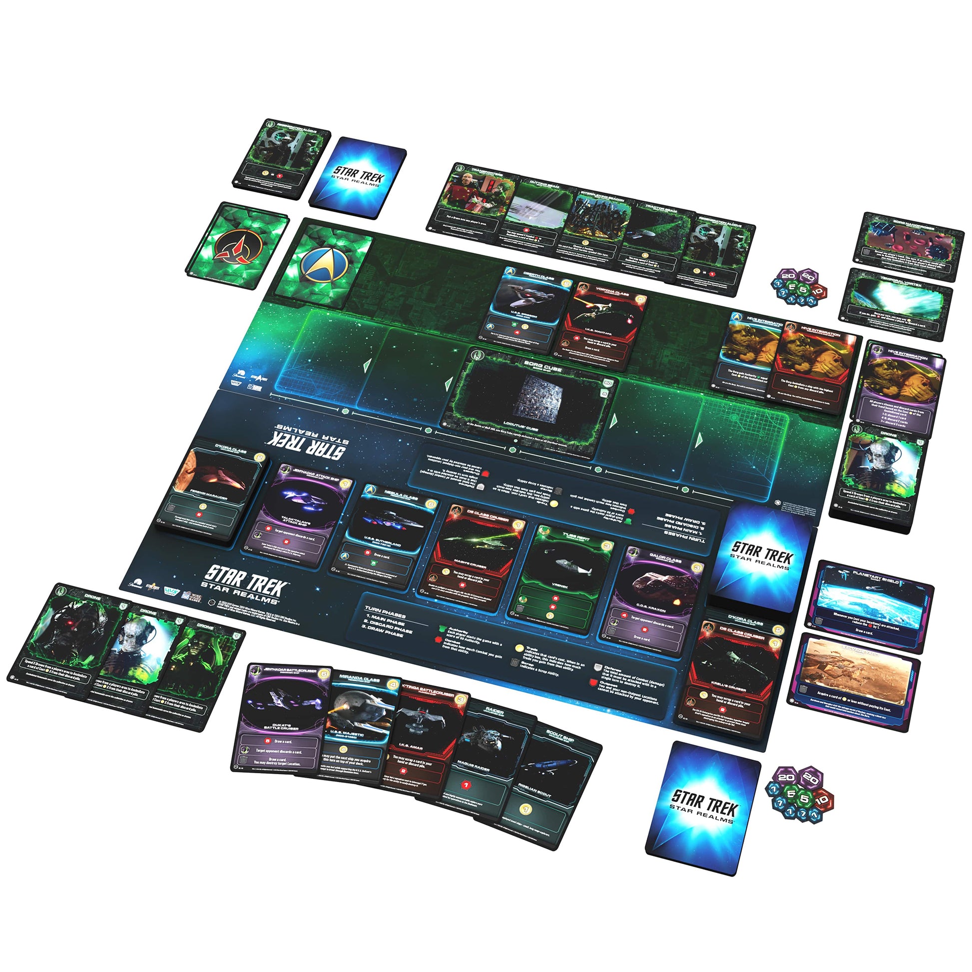 Star Trek Star Realms Borg Invasion expansion card game with deck, cards, tokens, and rulebook displayed