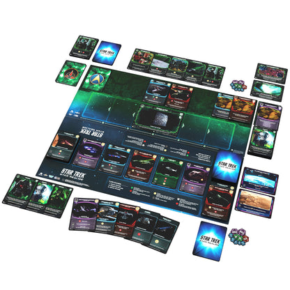 Star Trek Star Realms Borg Invasion expansion card game with deck, cards, tokens, and rulebook displayed