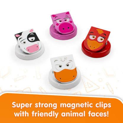 Barnyard Clever Clips magnetic animal face clips in white, pink, and red colors