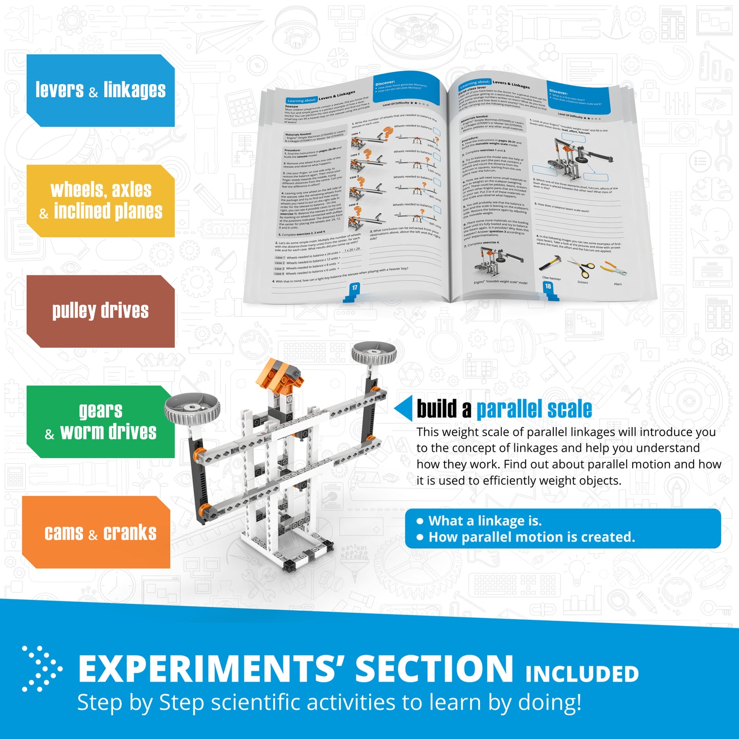 Engino Discovering STEM Simple Machines building set with gears, levers, and pulleys for constructing 60 models
