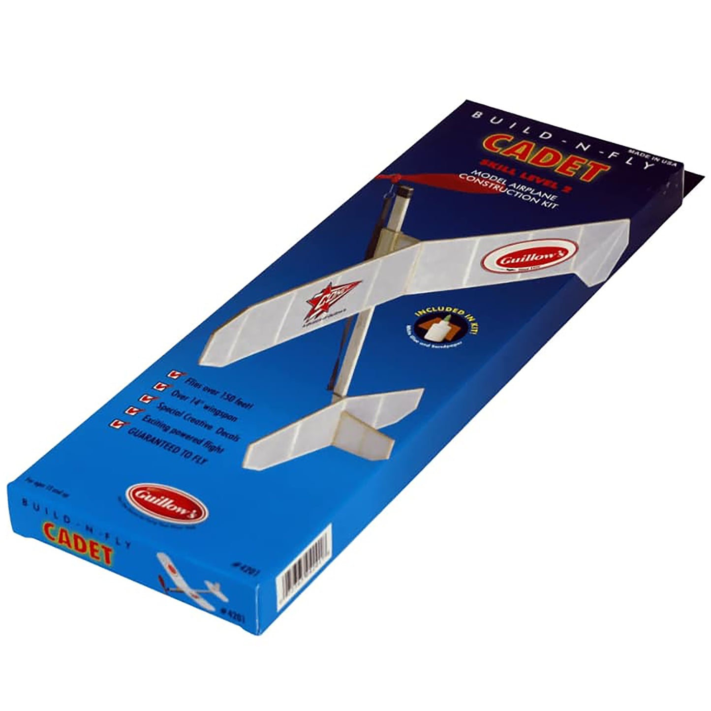 Build-N-Fly Cadet model airplane construction kit with blue packaging and white foam aircraft