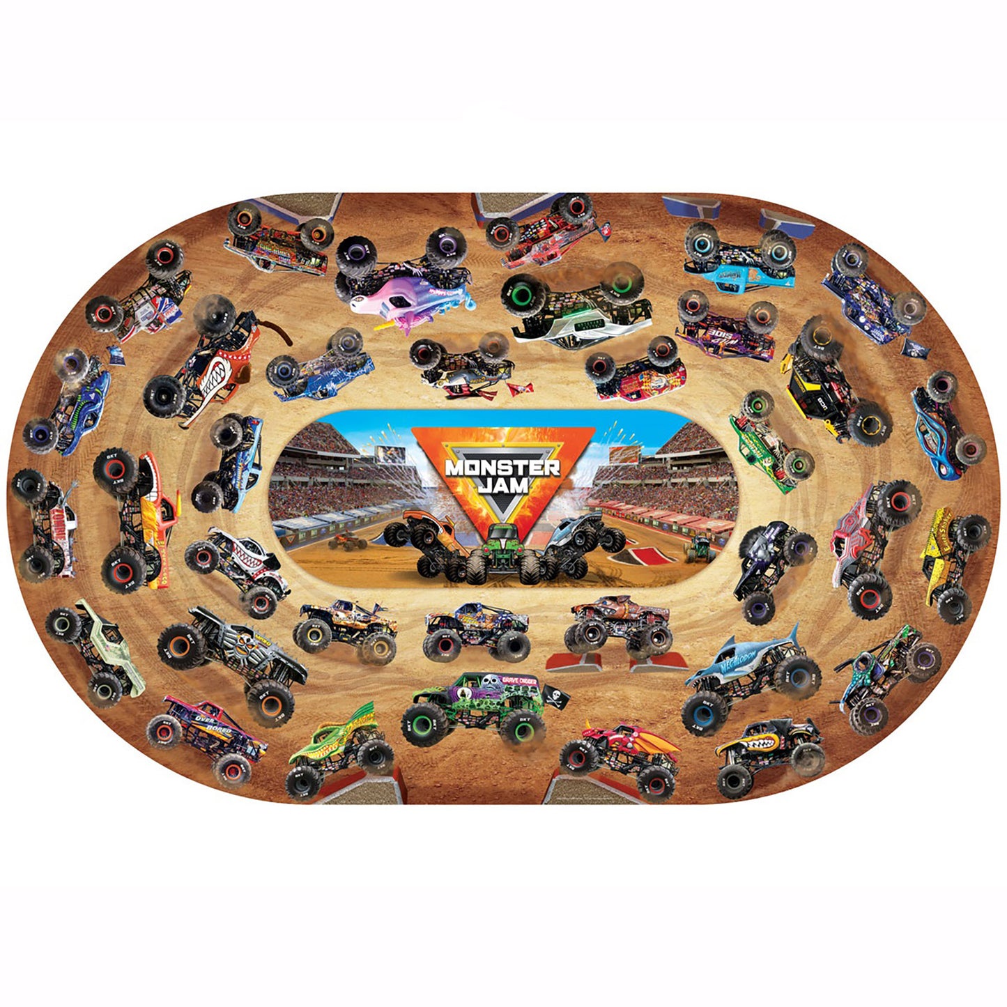 Monster Jam Giant Floor Puzzle 74-piece set showing colorful monster trucks on sandy arena arena floor