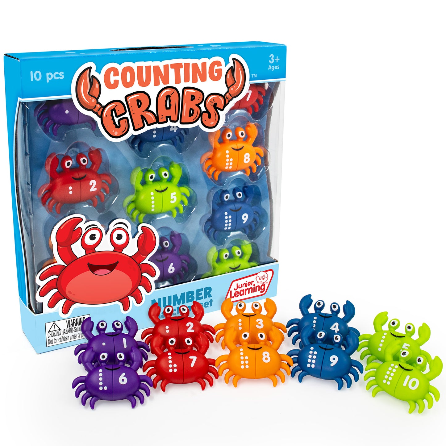 Counting Crabs 10-piece set with colorful numbered crabs in red, orange, blue, purple, and green for learning numbers...