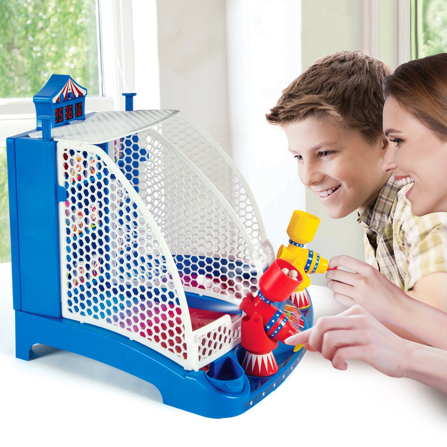 Down the Clown Retro Arcade Electronic toy with blue carnival structure and red clown figure