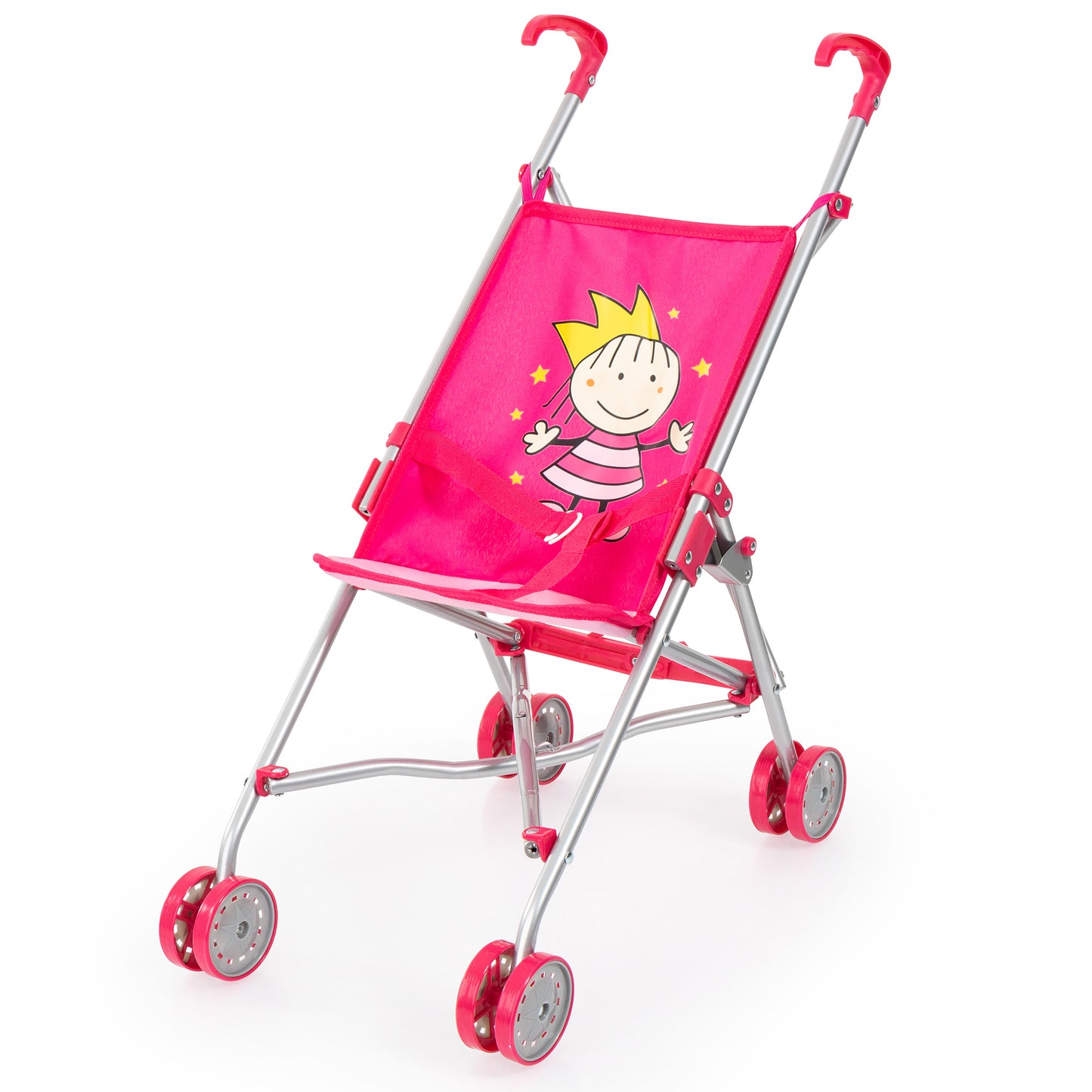Hot pink doll buggy with silver metal frame, princess character graphic on fabric seat, four wheels, and two hook handles