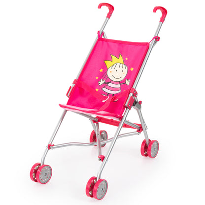 Hot pink doll buggy with silver metal frame, princess character graphic on fabric seat, four wheels, and two hook handles